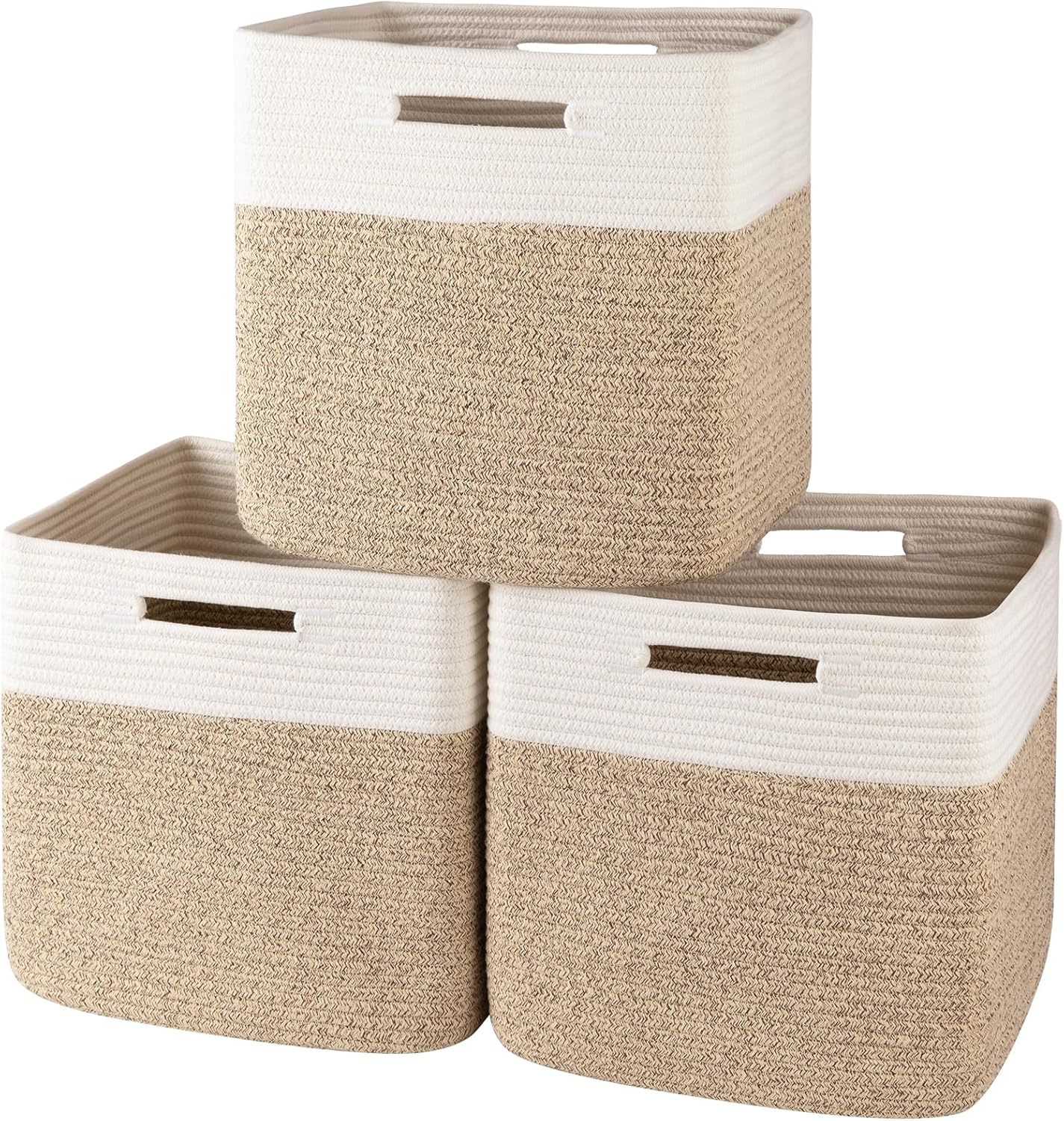 OIAHOMY 13 Inch Cube Storage Bins, 3-Pack Cotton Rope Woven Baskets for Organizing, Insert Storage Baskets for Shelves, Baby Nursery, Closet Organizer, 13 * 13 * 12.6IN, Gradient Brown