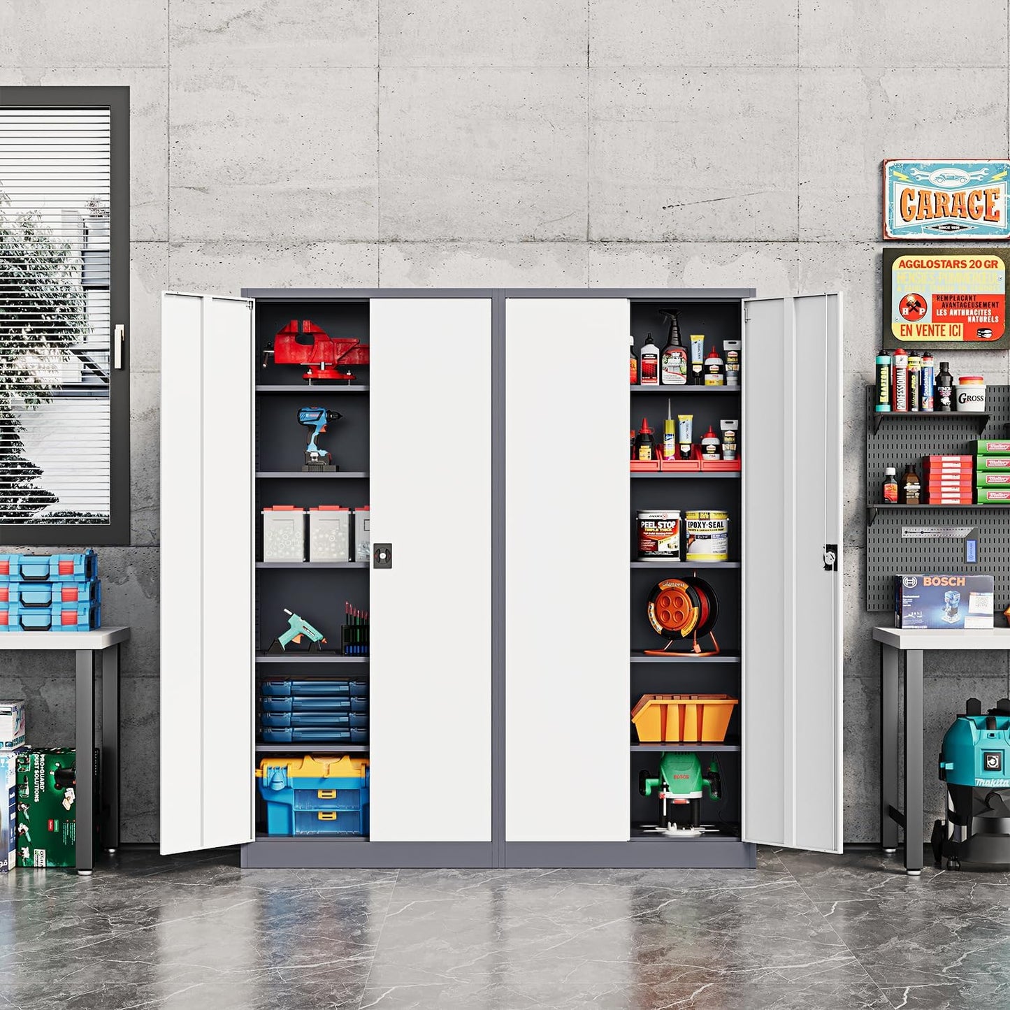 Fesbos Metal Storage Cabinet-71” Tall Steel File Cabinets with Lockable Doors and Adjustable Shelves-Gray&White Steel Storage Cabinet for Home,Kitchen, School, Office, Garage