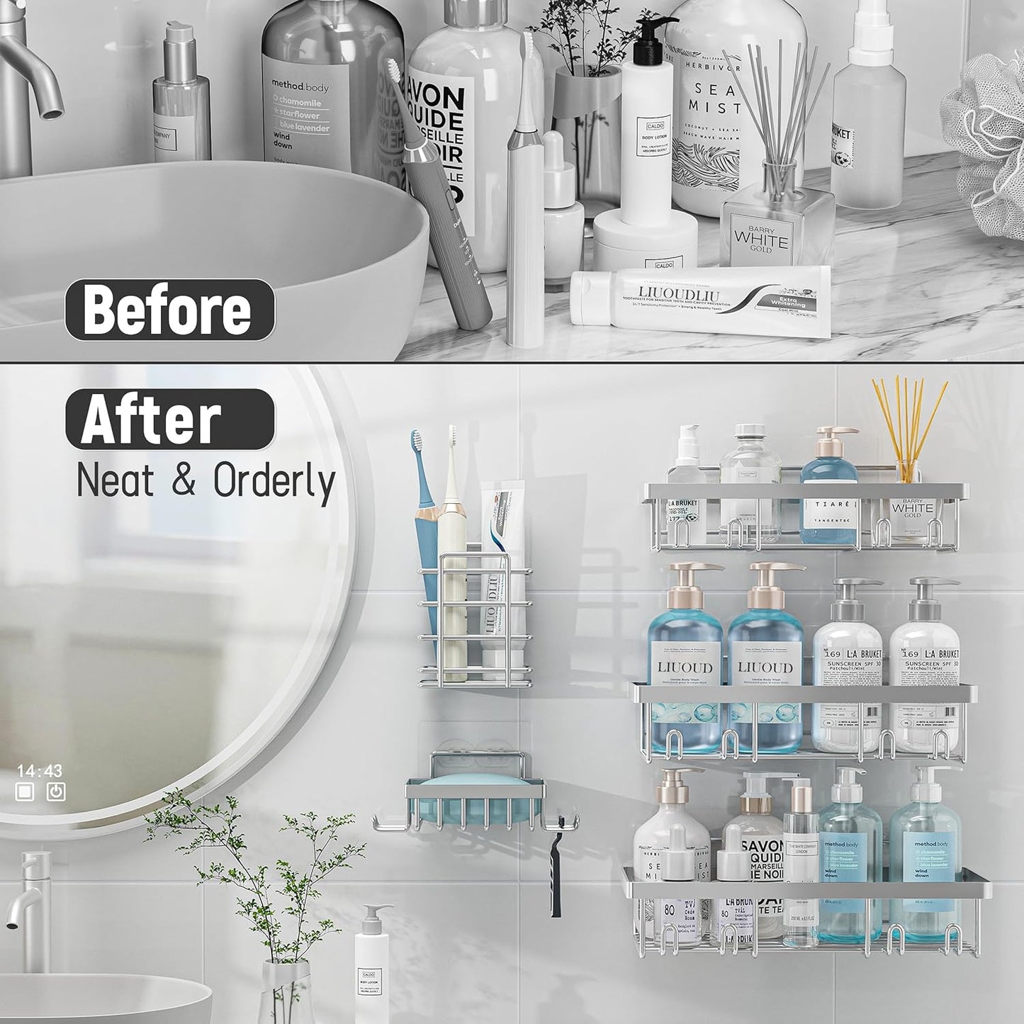 Liuoud 5 Pack Shower Caddy Organizer Rack Shelf for Inside Shower, Self Adhesive Bathroom Wall Storage Basket Rustproof Stainless Steel Large Capacity Shampoo Holder, Silver