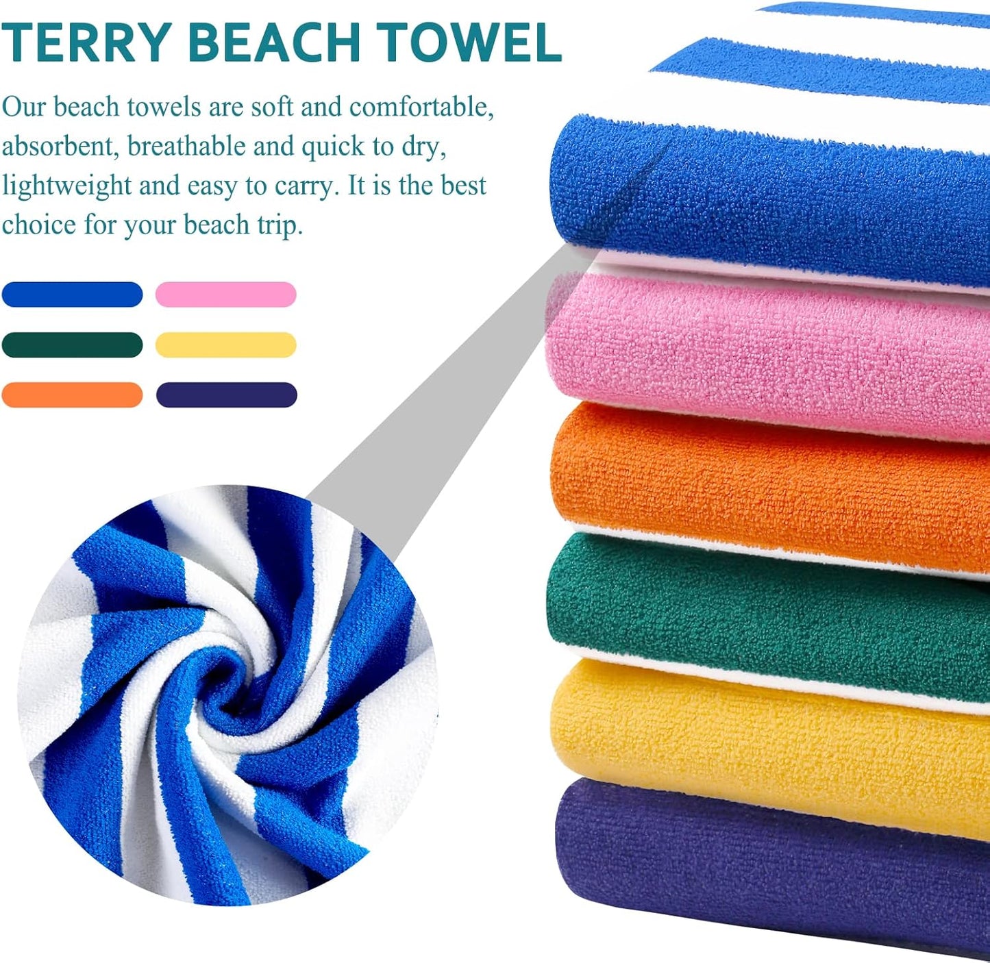 Genovega 6 Packs Oversized 72x40 Inch Stripe Beach Towel Thin Terry Set XL Big Extra Large Accessories Essentials Soft Clearance Super Pool Travel Bath Swim Camping Towels Bulk Men Women Adults Gift