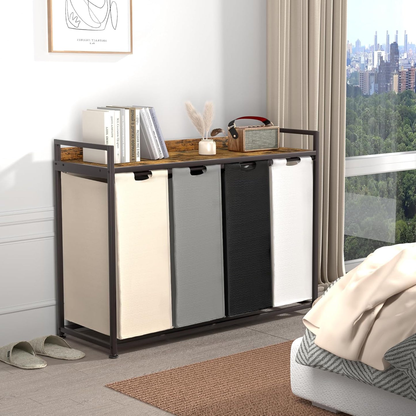 Herture Laundry Hamper with Shelf, Laundry Basket 4 Section, Laundry Sorter with Pull-Out Removable Large 4 Color Bags and Movable Wheels, Metal Frame, 4 x 15.87 Gallons (60L), Rustic Brown PF07XLN