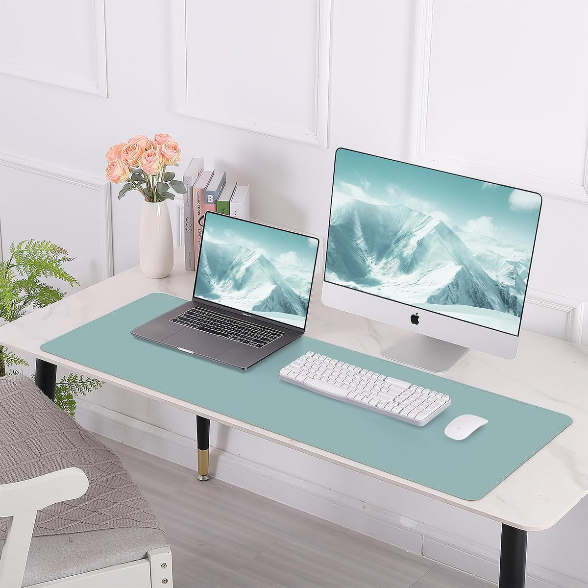 AFIING Cork Desk Mat 47" x 23.6", Dual-Sided Natural Cork & PU Leather Desk Pad, Non-Slip Waterproof Large Mouse Pad for Office, Home & Gaming (Light Blue)