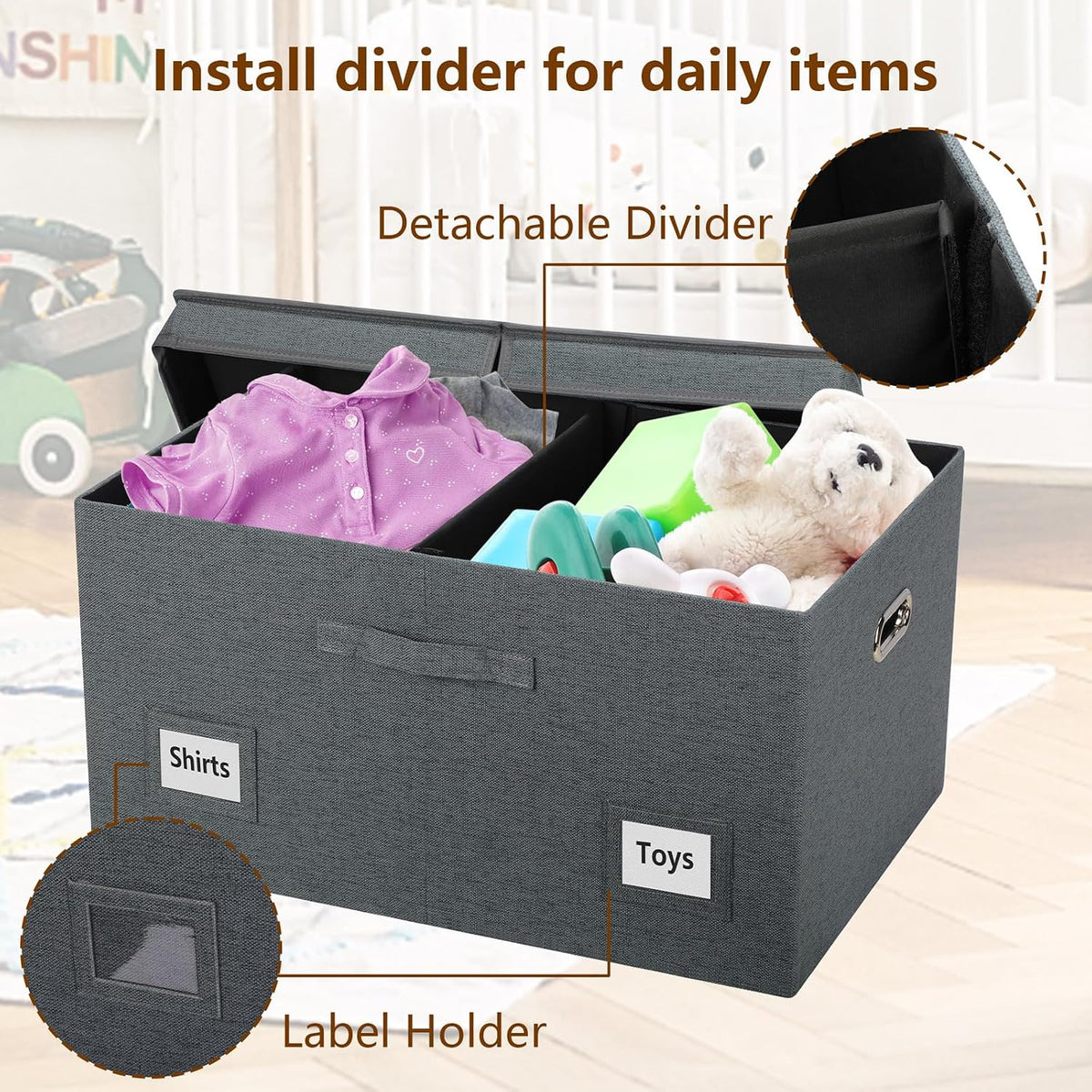 Graciadeco 75 Quarts Extra Large Decorative Storage Bins with Lids, 3 Packs Dark Gray Collapsible Storage Bins with Lids, Stackable Storage Bins Decorative Box Storage With Lid Extra Large