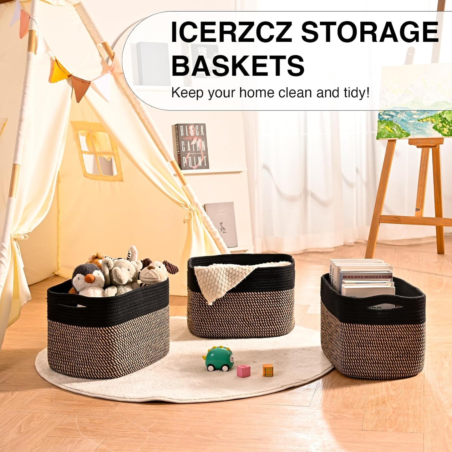 ICERZCZ Storage Baskets for Organizing Shelves, Toy Basket for Kid's Room, Woven Cotton Rope Basket for Decor, Organizing Baskets for Bedroom Living Room, 15"x11"x9.5", 3 Packs, Black & Jute