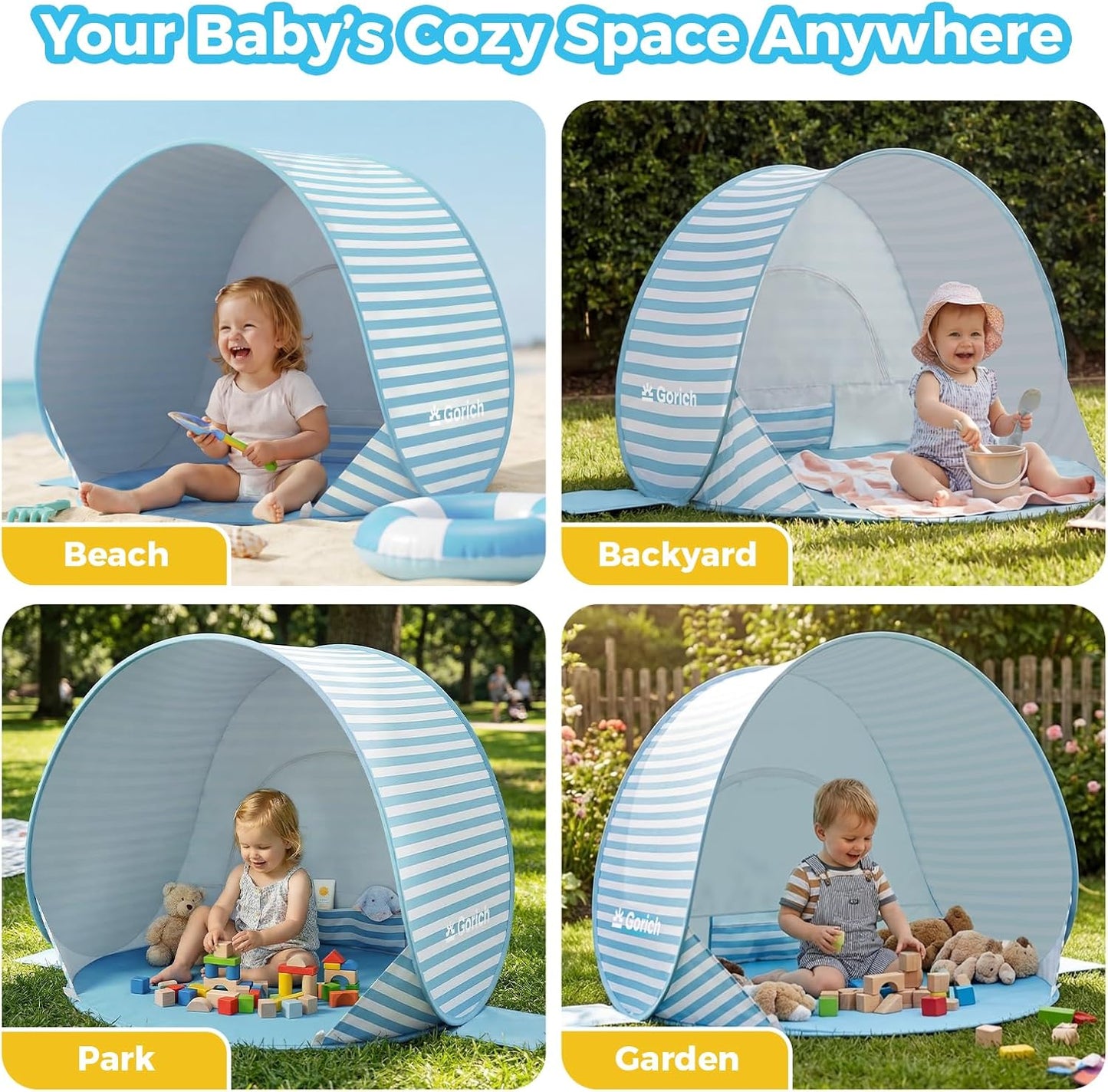 Gorich Pop Up Baby Beach Tent with UPF50+ UV Protection, Portable Toddler Sun Shelter with Mesh Ventilation, Lightweight & Foldable Play Shade Tent for Beach, Park & Backyard