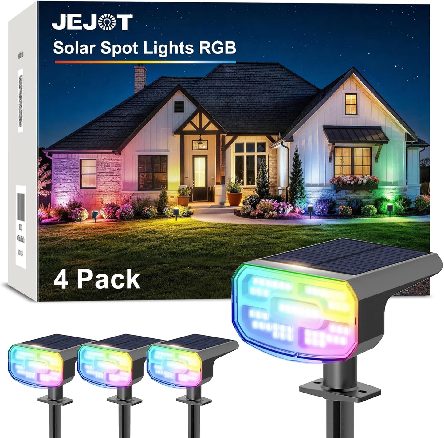 JEJOT Color Changing Solar Spot Lights Outdoor Waterproof IP65,8 Lighting Modes Multicolor RGB Christmas Spotlight for Porches Yard Gardens Landscape Deconrations-4 Pack