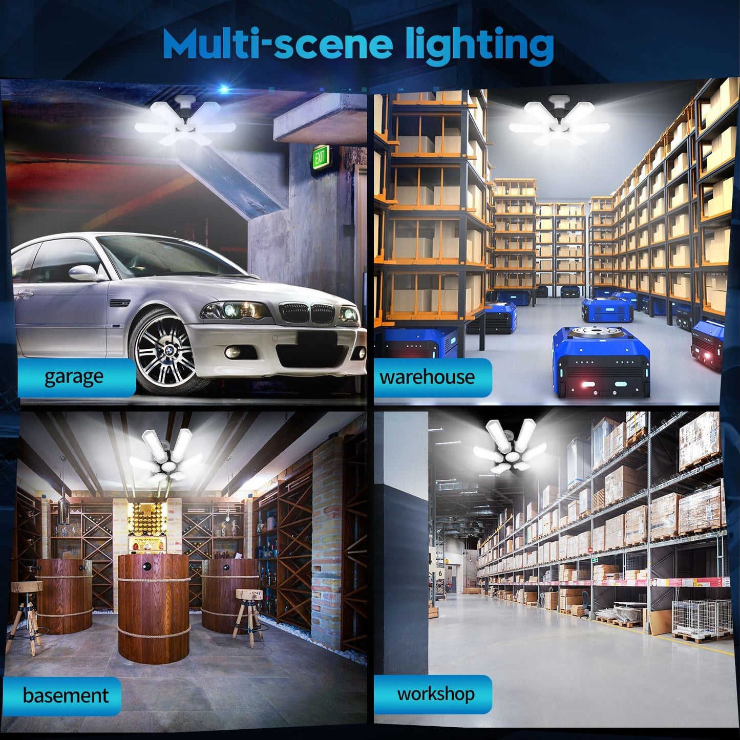 TANBABY 1 Pack LED Garage Lights, 150W Deformable Garage Light Bulb, 15000LM 6500K Daylight, 6+1 Adjustable Panels, E26/E27 Screw-in Ceiling Light for Basement