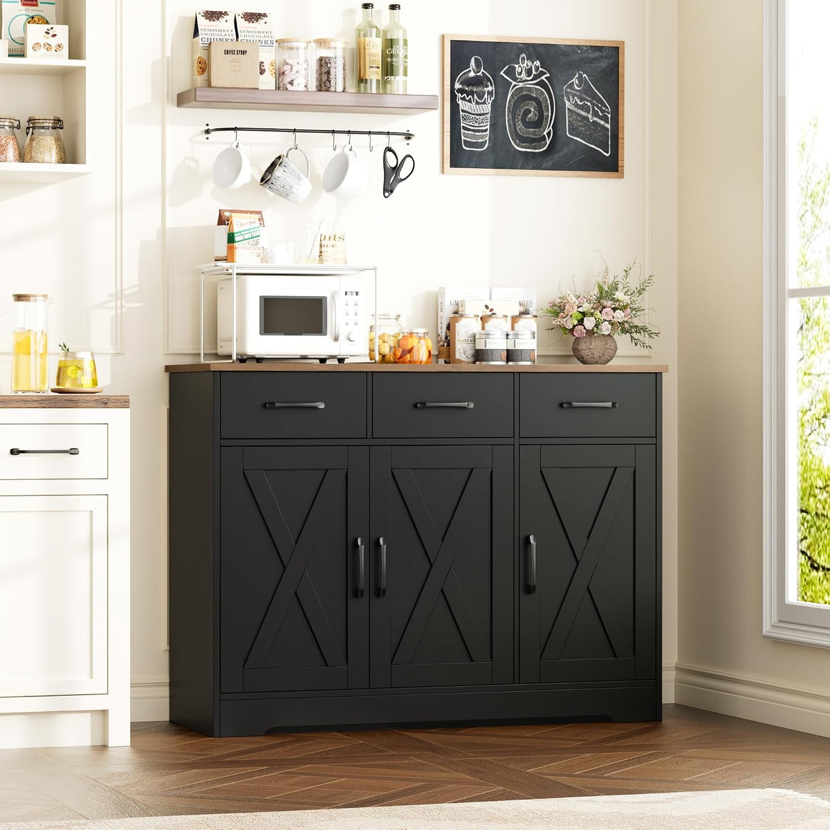 HOSTACK Kitchen Buffet Cabinet with Storage, Sideboard Coffee Bar, Black | Farmhouse Kitchen Storage Cabinet with 3 Drawers & Adjustable Shelf & Doors, 42.5"W Buffet Table for Dining Living Room