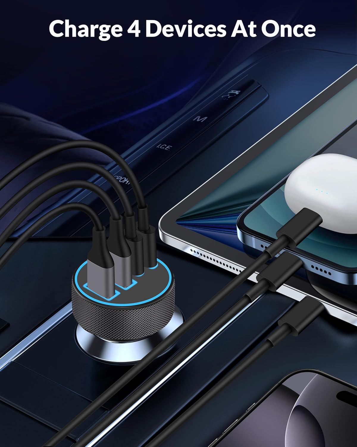 iPhone 17 16 15 Car Charger Fast Charging, 90W 4-Port USB C Fast Car Charger Cigarette Lighter Adapter with 240W 3FT USB-C Cable for iPhone 17/Air/17 Pro/17e/16/15 Pro Max/Plus/16e, iPad, Android