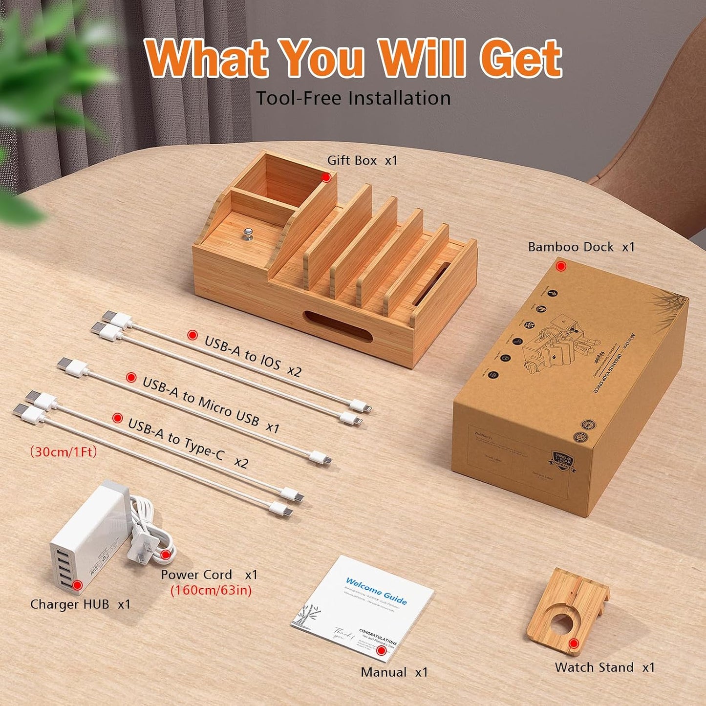 Bamboo Charging Station for Multiple Devices with USB Charger, 5 Cables | Pezin & Hulin Wood Desktop Dock Stations with Smart Watch Holder, Electronic Organizer for Cell Phone, Tablet, Watch