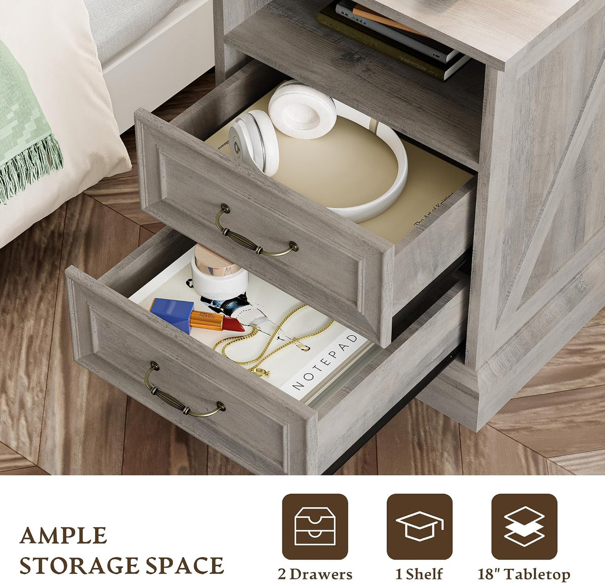 Xixini Nightstand with Charging Station, Farmhouse Light Grey Bedside Table