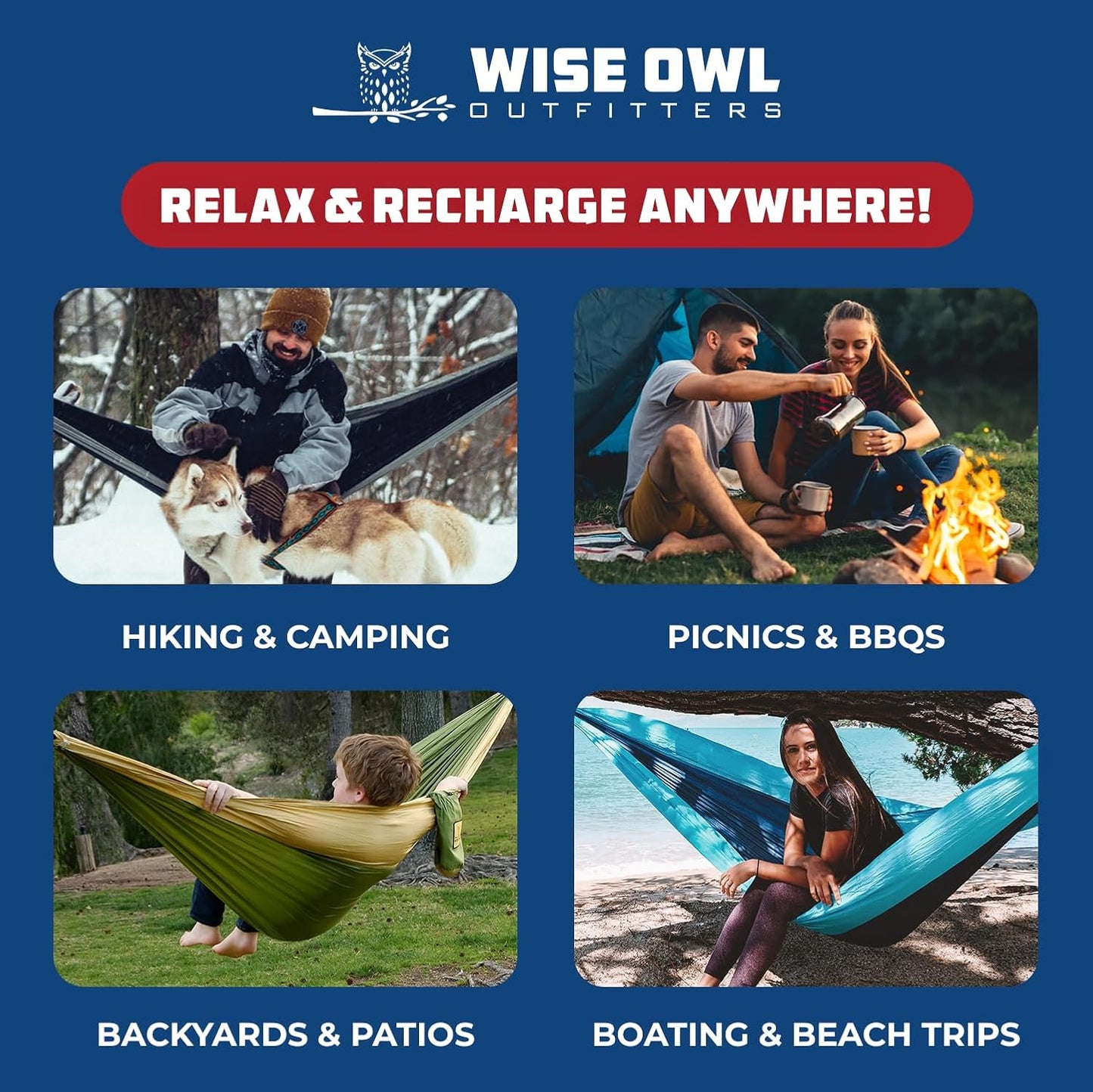 Wise Owl Outfitters Camping Hammock – up to 500lbs Portable Hammock with Tree Straps - Travel, Backpacking, Hiking, Outdoors Camping Gear - Single or Double