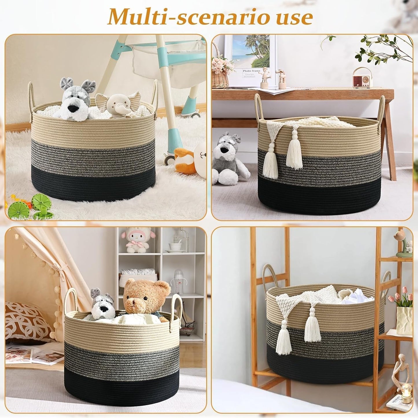 67L Large Woven Blanket Basket, Cotton Rope Baby Laundry Hamper with Handles, Kids Toy Basket for Classroom & Nursery, Soft Round Stuffed Animal Storage, Dog Toy Bin - 20"x13", Black & Brown