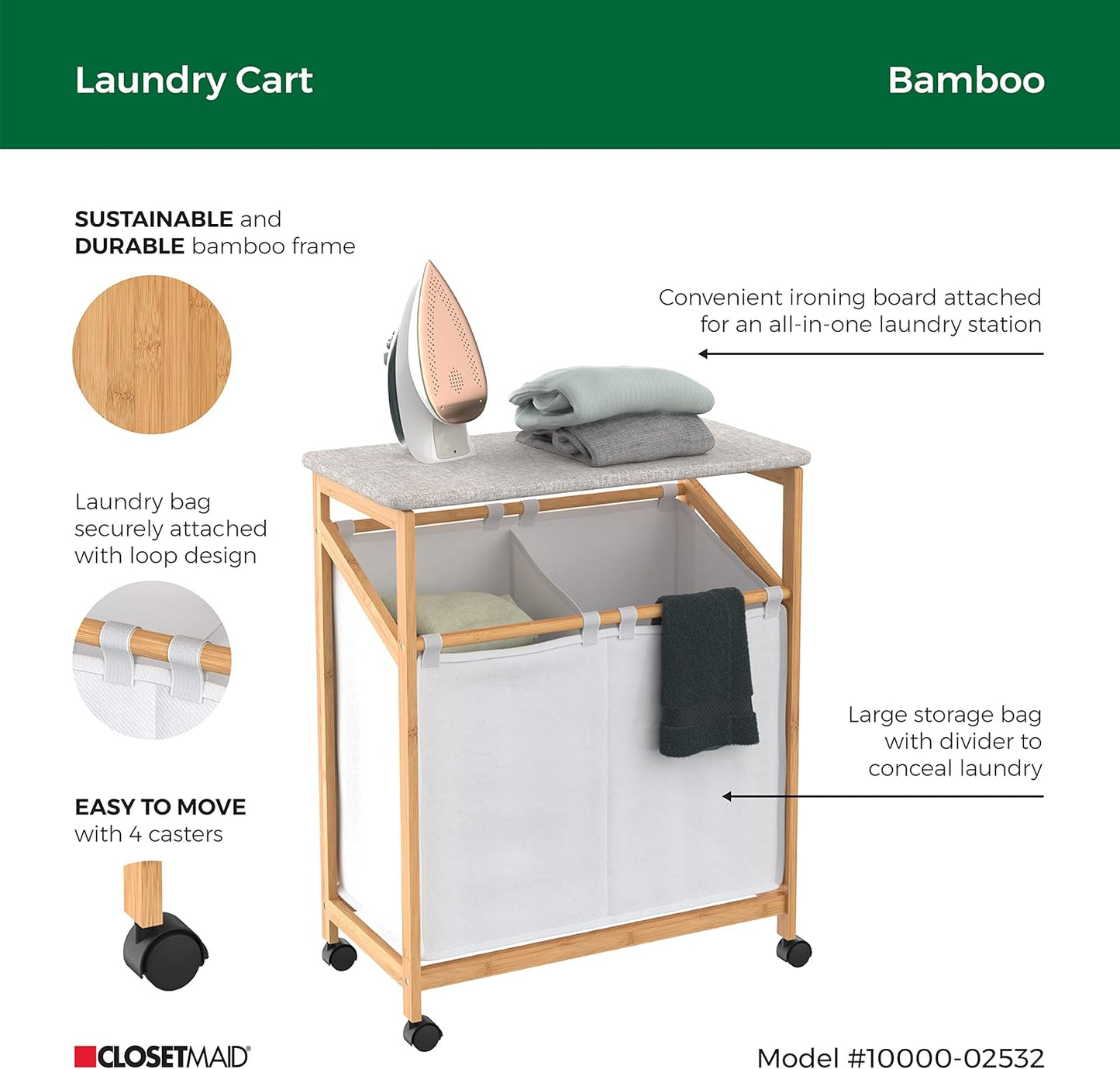 ClosetMaid Bamboo Laundry Hamper Cart with Ironing Board Folding Station, Dual Compartments with Divider, Portable Laundry Sorter, Natural Finish