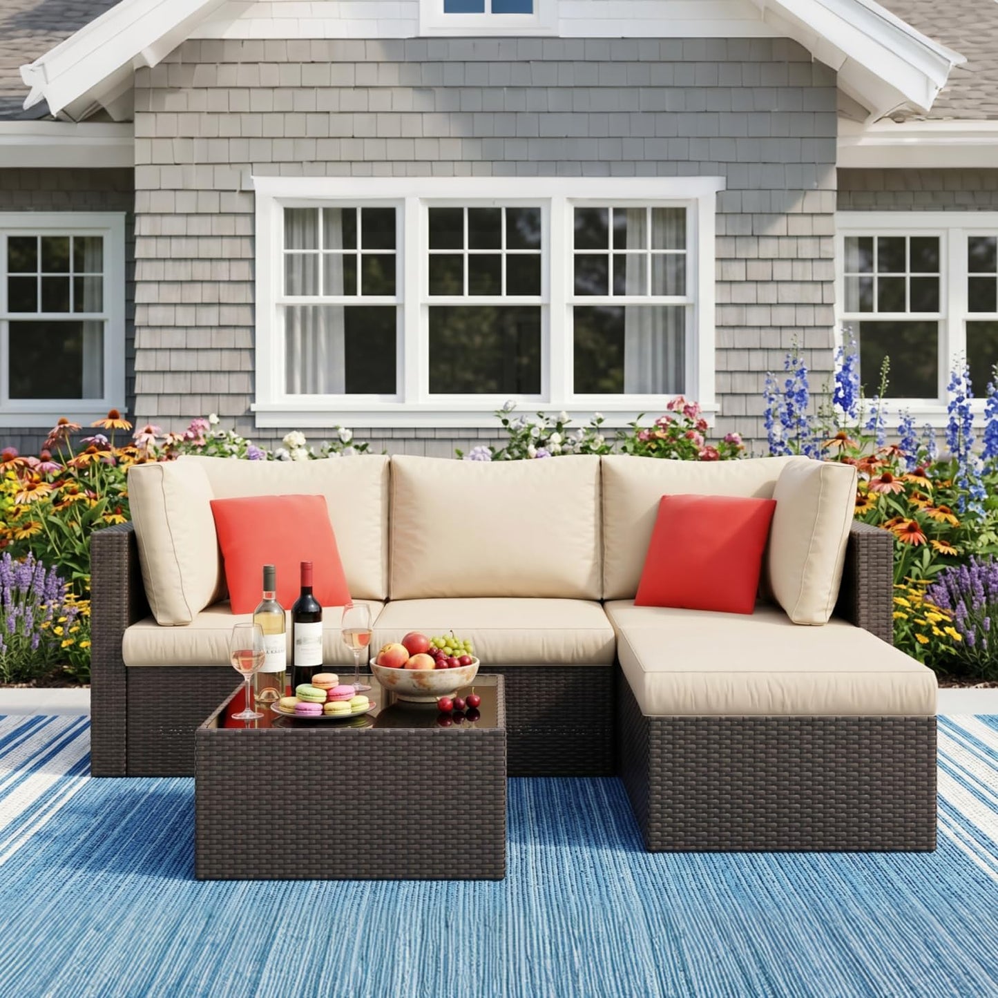 Vongrasig 5 Piece Patio Furniture Sets, Outdoor Patio Set Sectional Sofa, All-Weather PE Rattan Outdoor Couch with Ottoman, Glass Table for Garden, Backyard, Porch, Beige