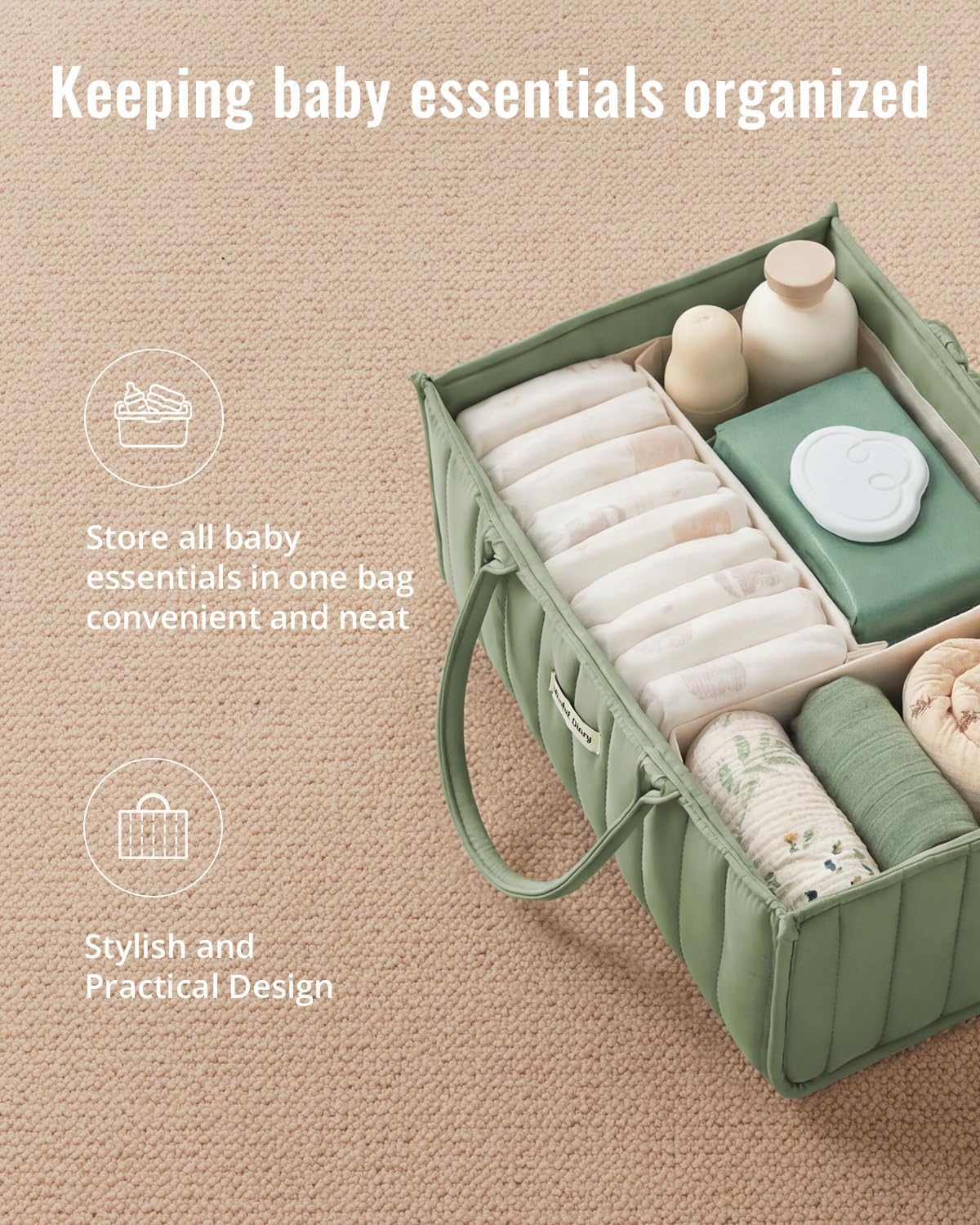 Blissful Diary Baby Diaper Caddy Organizer, Stylish Storage Basket for Newborn Essentials and Diaper Station, Gift for Baby Shower and Registry Must-Have, Sage Green
