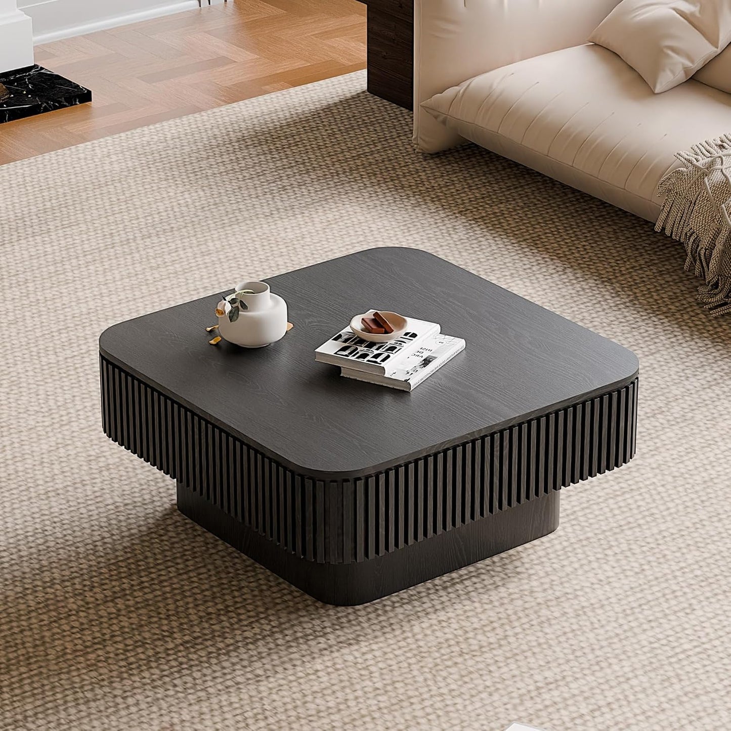 31.5" Square Coffee Table with Hidden Storage Compartment, Modern Handcraft Fluted Drum Coffee Table, Wooden Square Center Table Cocktail Tea Table with Sturdy Pedestal for Living Room, Black