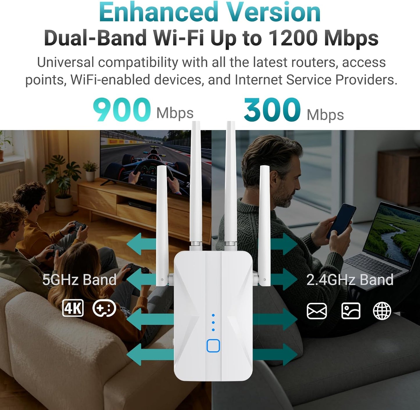 ROQRL WiFi Extender 2026 AC1200 Dual Band 5GHz/2.4GHz Signal Booster Up to 15,999 Sq.ft, 3-in-1 Wireless Repeater Router Amplifier for Home with Ethernet Port