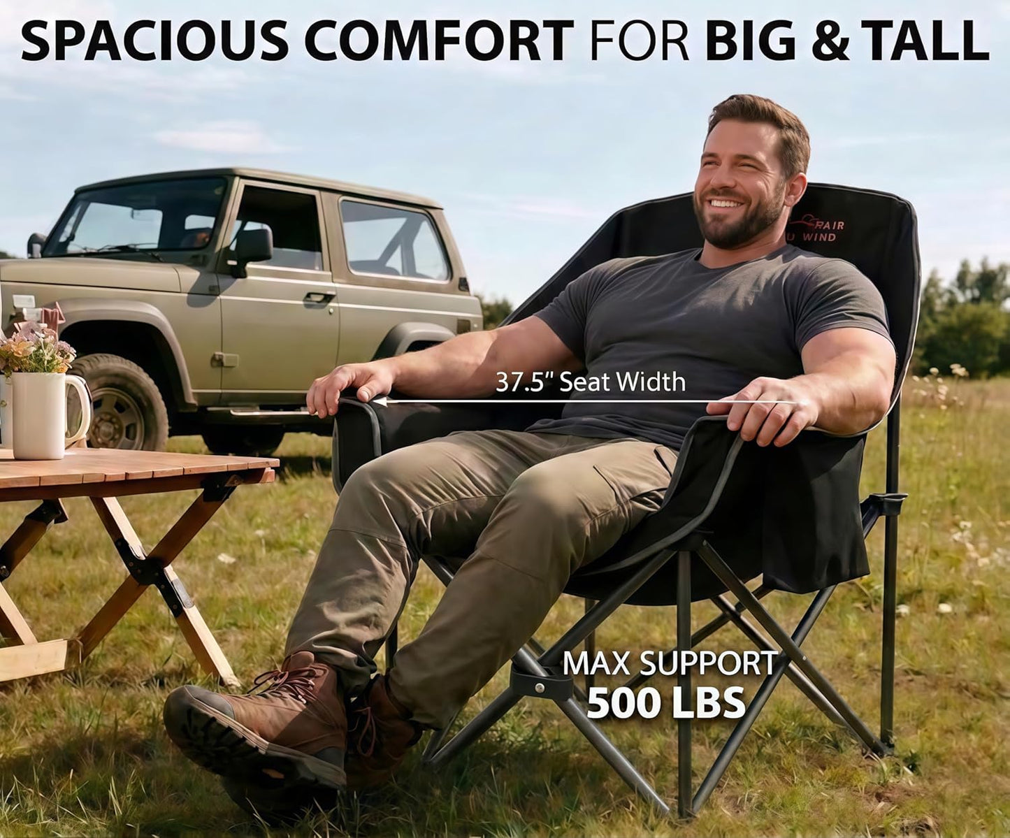 FAIR WIND 2 Pack Oversized Padded Camping Chair Heavy Duty Quad Fold Arm Chair Portable for Outdoor - Support 500LBS, Black