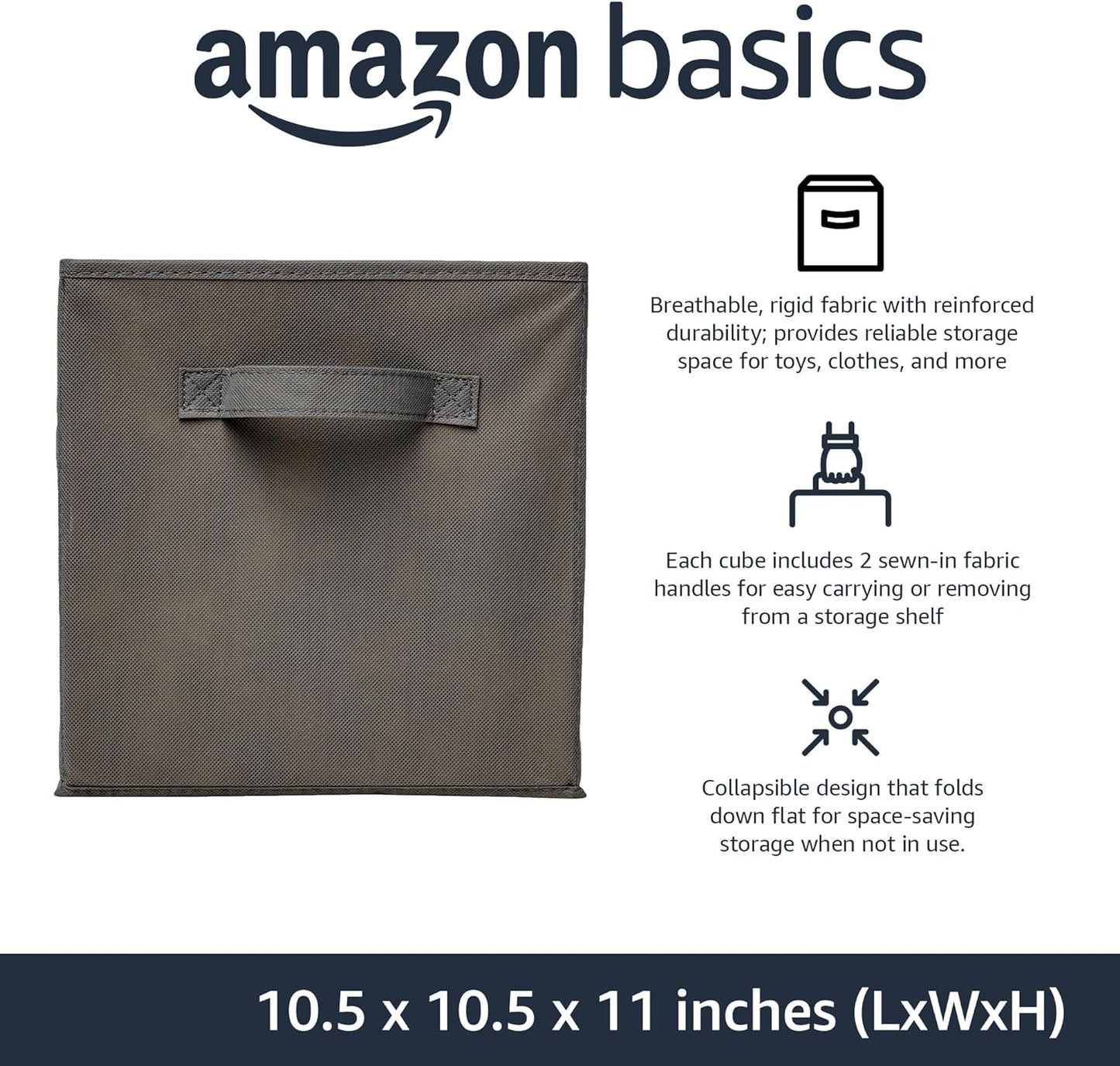 Amazon Basics Collapsible Fabric Storage Cubes Organizer with Handles, Sturdy, Foldable, Space-Saving, 10.5"x10.5"x11", Gray, 6-Pack