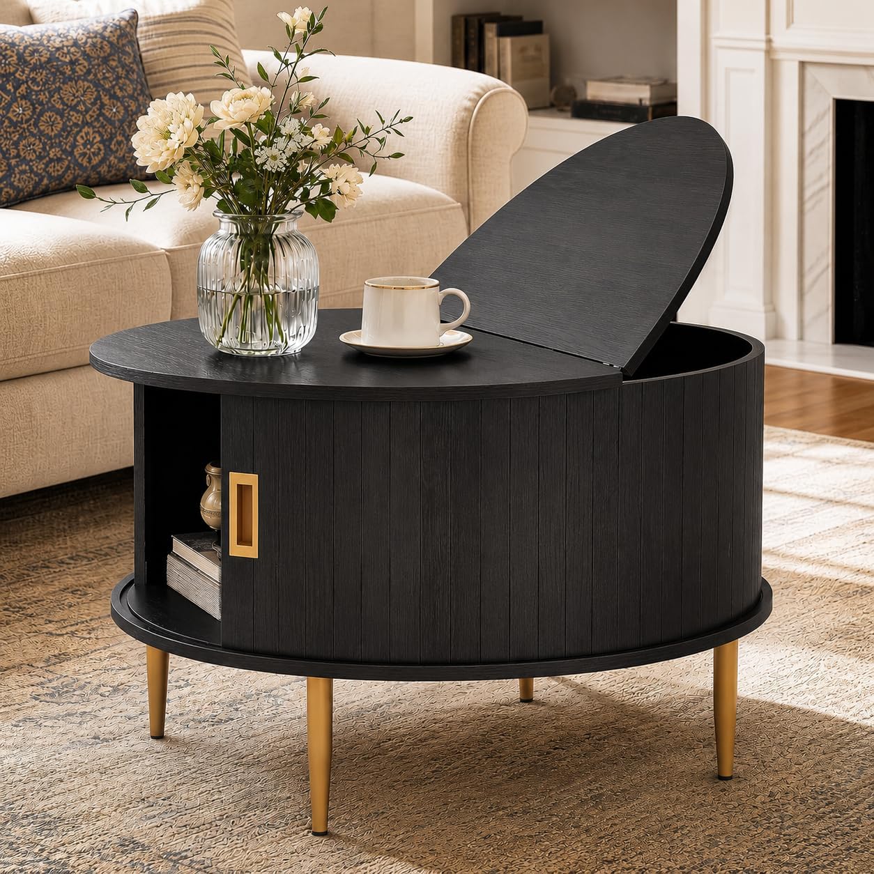 ARTPOWER 31.5" Round Coffee Table with Storage Mid Century Black Walnut | Easy Assembly,Solid Walnut,Heavy Duty,Flip Top Storage,Fluted Tambour Door,Water&Scratch Resistant Easy Clean,110lbs Capacity