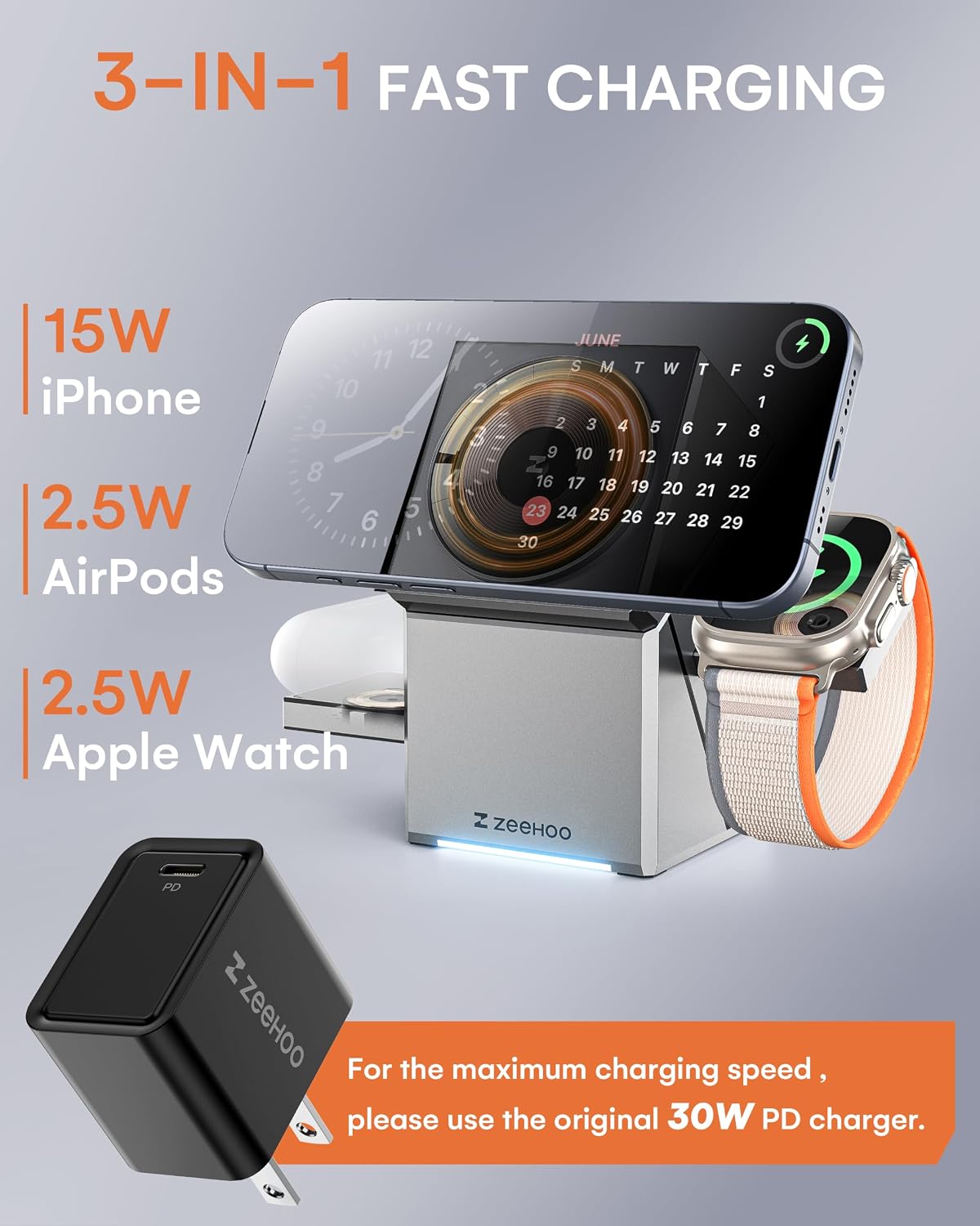ZEEHOO 3 in 1 Charging Station for Apple, Mag-Safe for iPhone Charger, Certified Rotating Wireless Charger Stand for iPhone 17,16,15,14,13,12 Series, Apple Watch, AirPods (USB-C Charger Included)