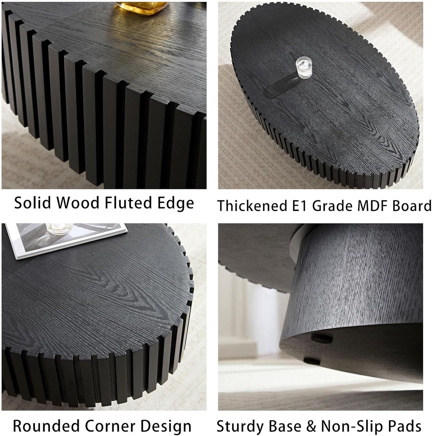 Handmade Oval Grooved Drum-Shaped Coffee Table (C Black 43in) | Rustic Modern Circular Centerpiece for Living Room & Farmhouse Decor, Easy to Clean