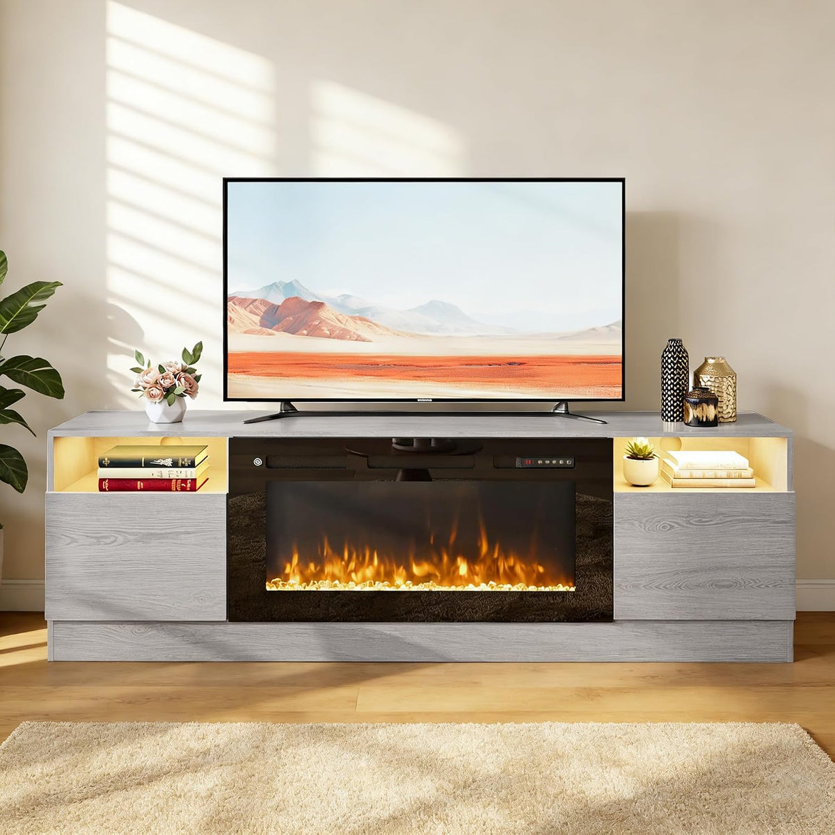 70" TV Stand with 36" Electric Fireplace, Large Modern Media Entertainment Center with Storage Cabinet and 12 Colors LED Lights for TVs Up to 80",Grey and Black