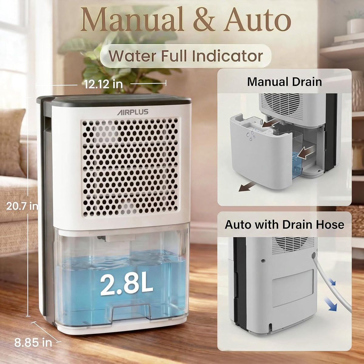 AIRPLUS 4500 Sq. Ft Dehumidifiers for Home, 70 Pints Dehumidifier for Basement with Drain Hose, Continuous Drainage, Intelligent Humidistat, Dehumidifier for bathroom, bedroom, Large Room