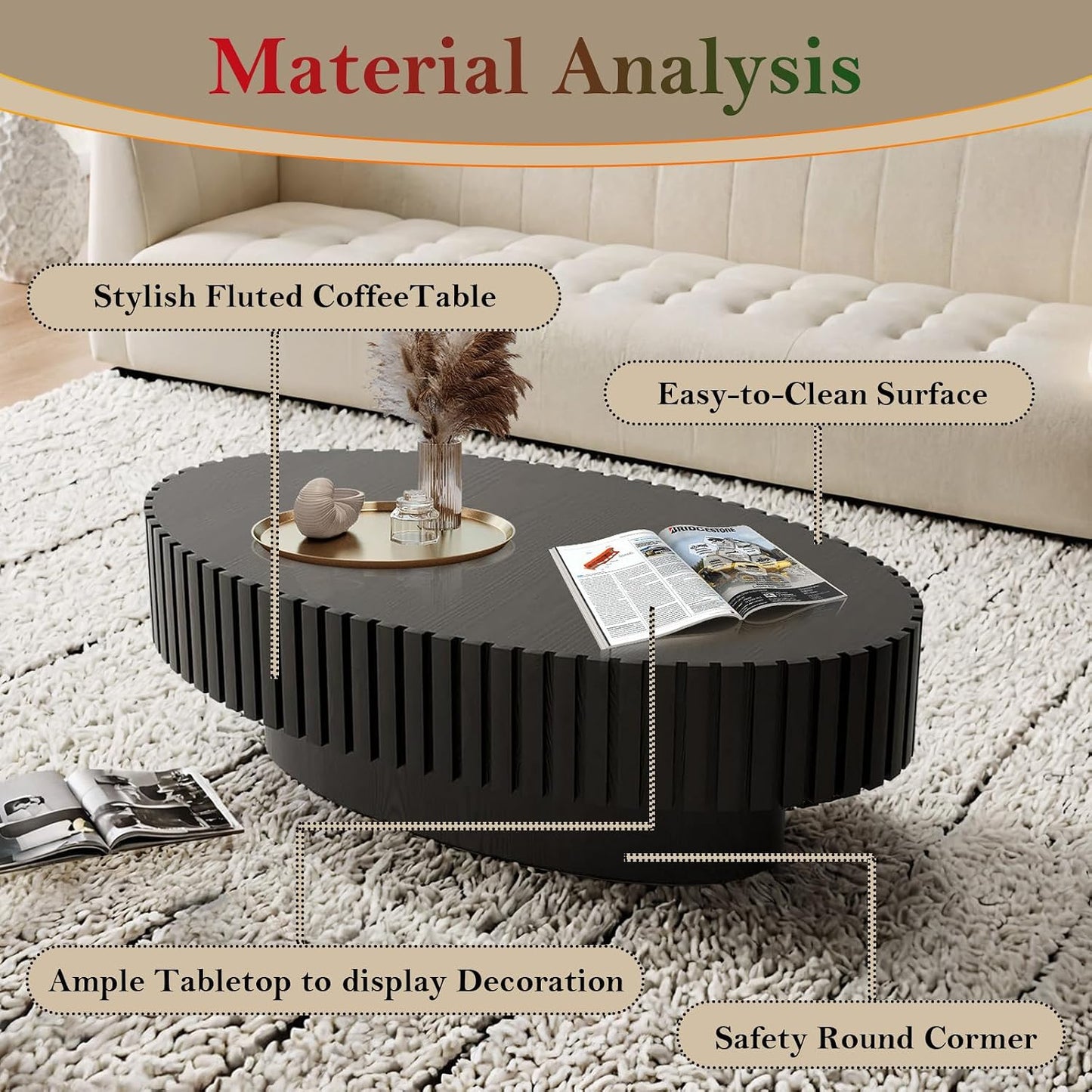 Handcraft Fluted Coffee Table with Sturdy Pedestal (Oval Black 43.3in) | 43.3" Oval Drum Center Tables | for Living Room Apartment Farmhouse | Easy to Assembly