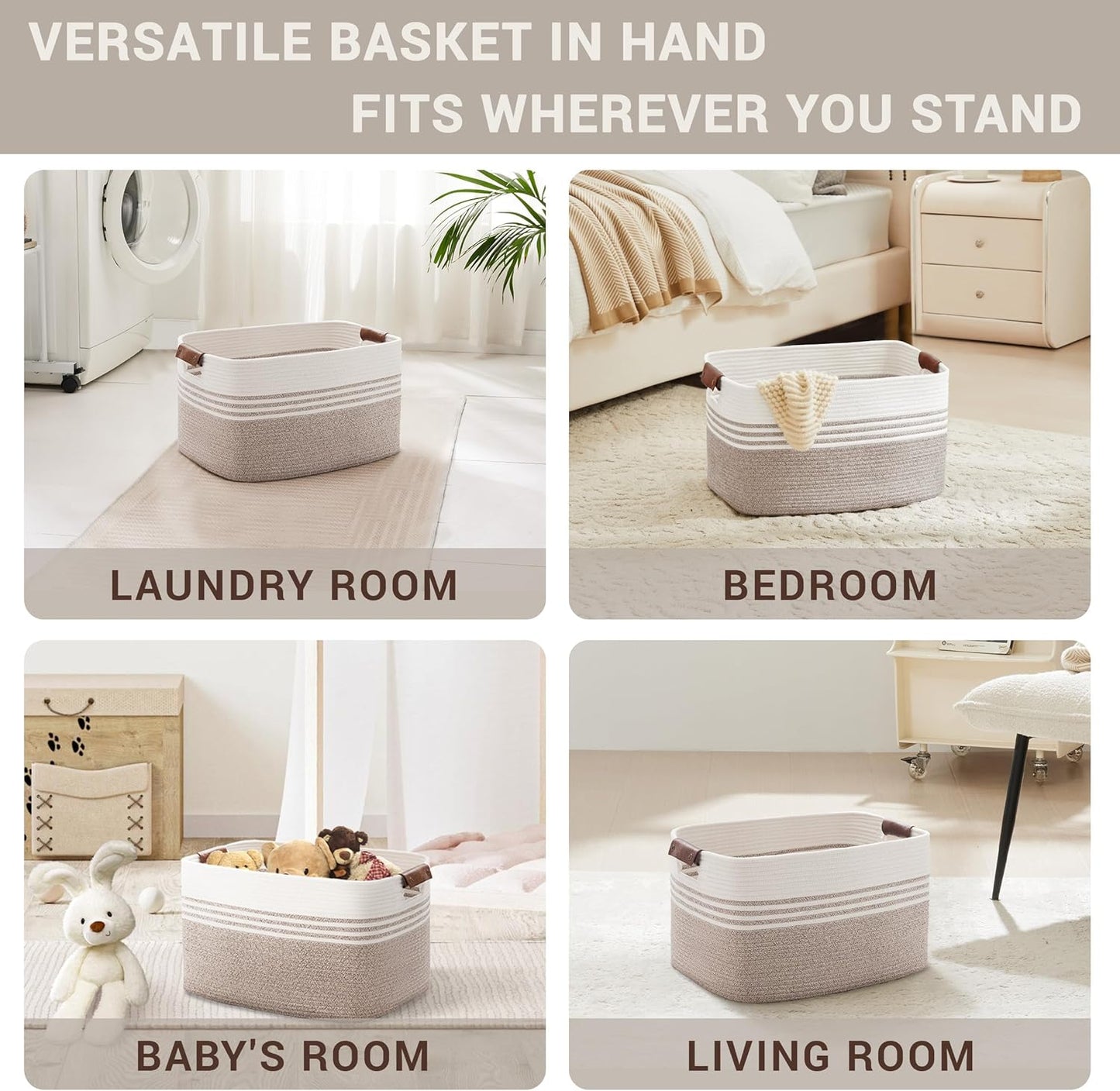 45L Small Woven Laundry Basket Hamper with Leather Handles,Brown