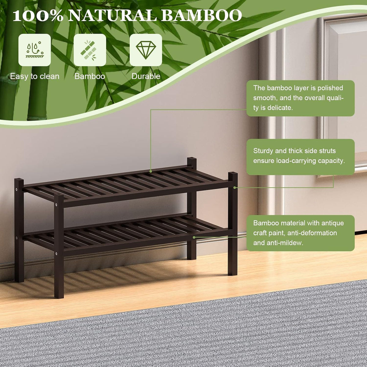 ROMGUAR CRAFT 2 Tier (Thick) Bamboo Shoe Rack for Closet Free Standing Wood Shoe Shelf for Entryway Small Space Stackable 27"x12"x14" (Black Brown)