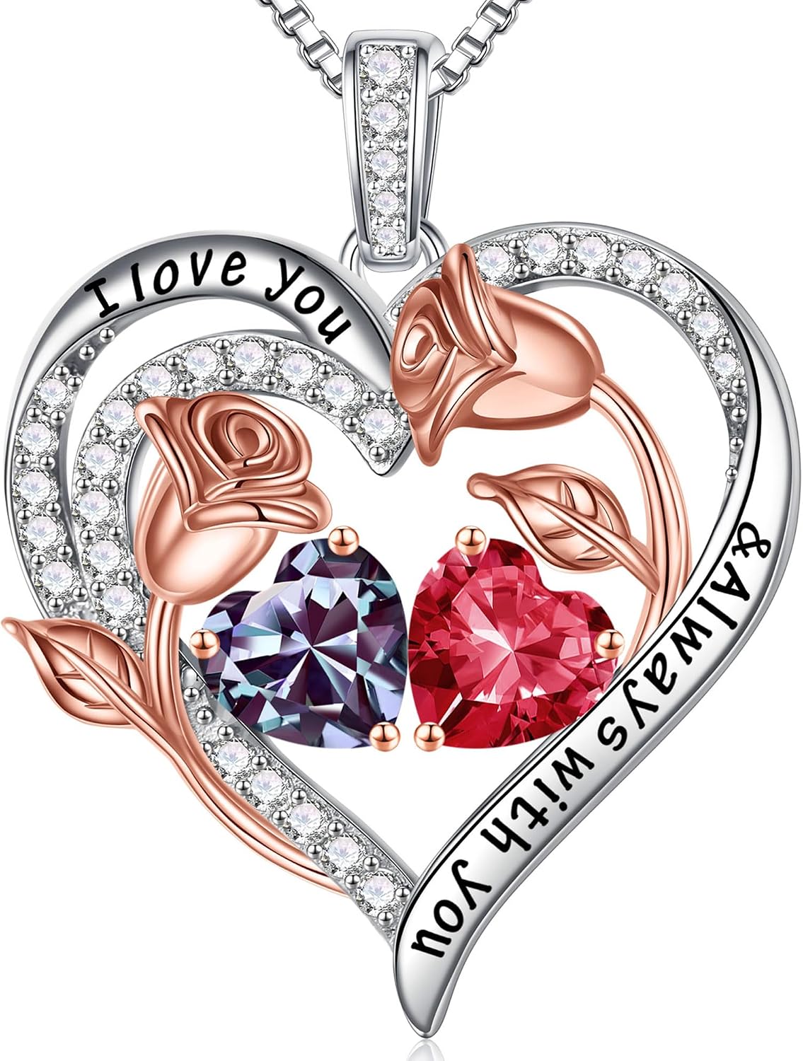 Iefil Birthstone Necklace for Women - Rose Heart Necklace