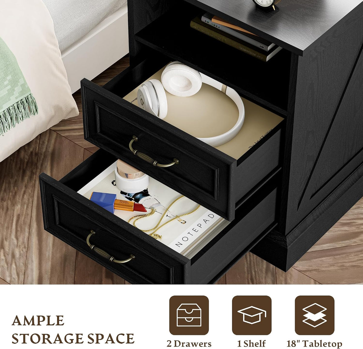 Xixini Tall Nightstand with Charging Station, Farmhouse Black Bedside Table