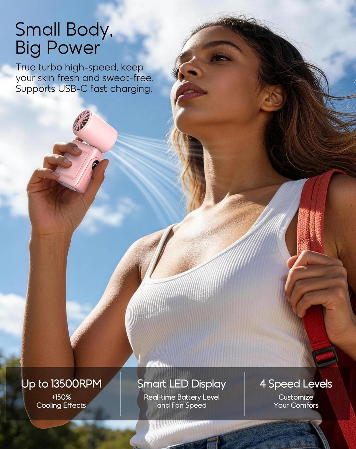 Portable Clip-On Mini Fan, Hands-Free, Turbo Personal Handheld Fans Rechargeable w/ 4 Wind & LED Display, Pocket Size Summer Cooling Essentials for Travel/Eye Lash/Beach/Concert, Gifts for Women(Pink)