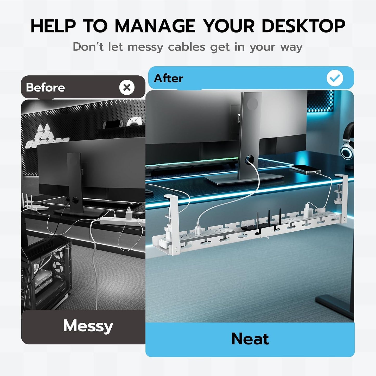 ARES WING 17"-28.7" Extendable Under Desk Cable Management Tray, No-Drill | Clamp-on Metal Cord Organizer with Cable Slots, Holds up to 11 lbs Desk Storage for Office and Gaming Accessories, White