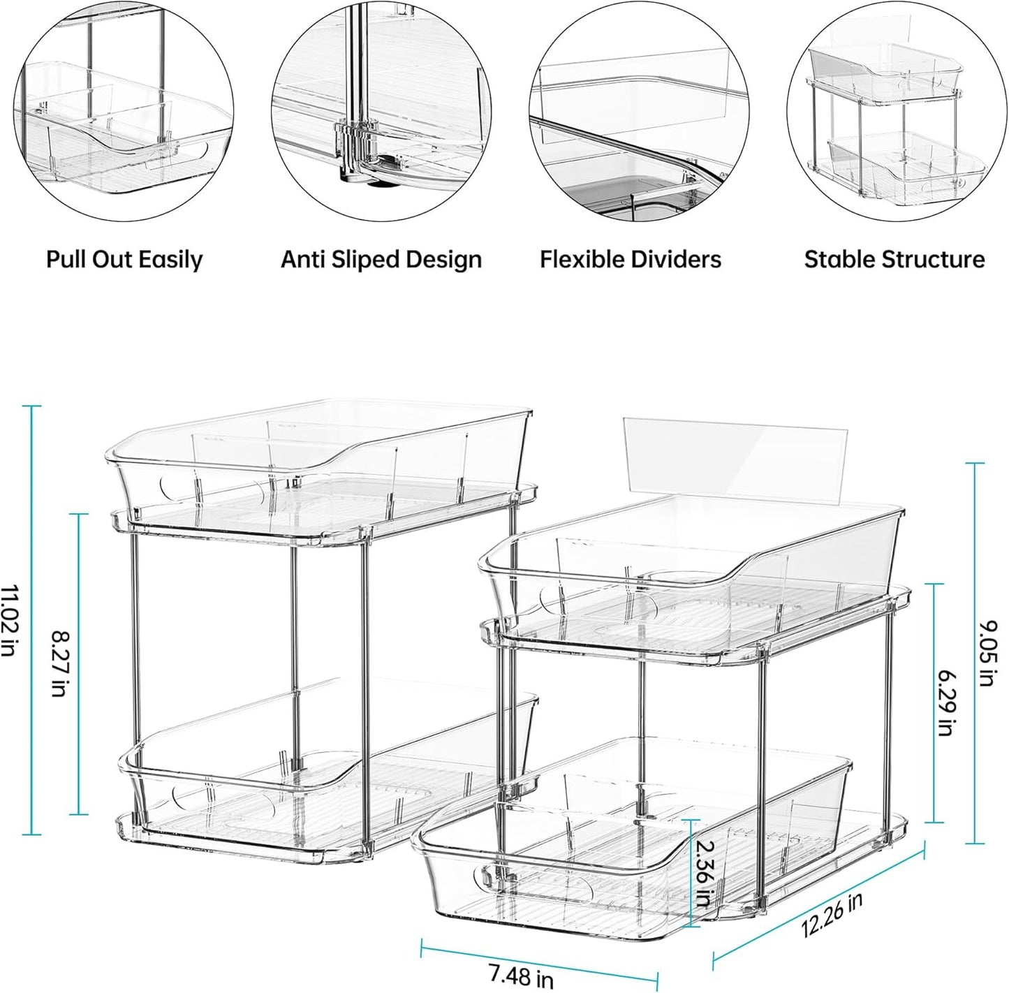 Delamu 2-Tier Under Sink Organizers and Storage, Multi-Purpose Stackable Bathroom Cabinet organizers, Pull Out Kitchen Pantry Organization and Storage with Dividers(2 Pack, Clear)