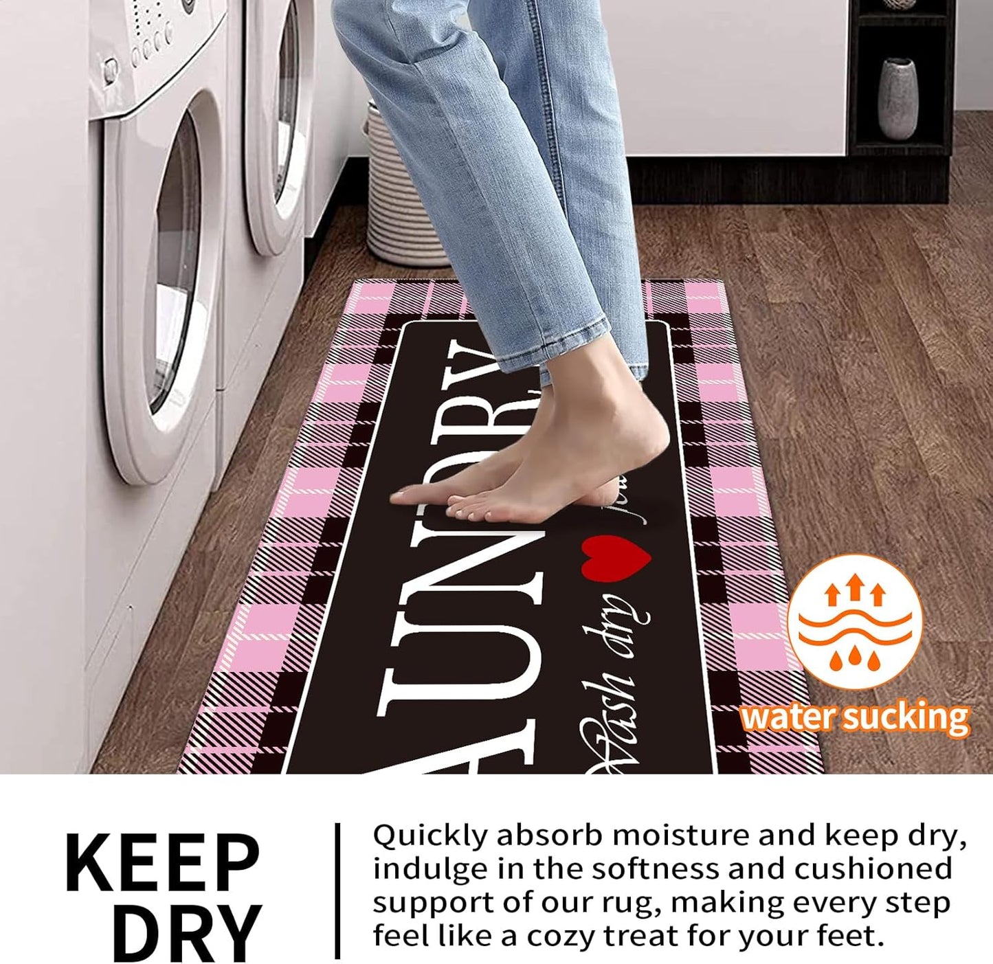 XLHOMO Laundry Room Rugs and Mats, 17"x47" Buffalo Plaid Pink Laundry Room Rug Runner Washable Non Slip, Farmhouse Laundry Mats for Floor, Mudroom, Kitchen, Washroom, Bathroom, Entryway Carpet Decor