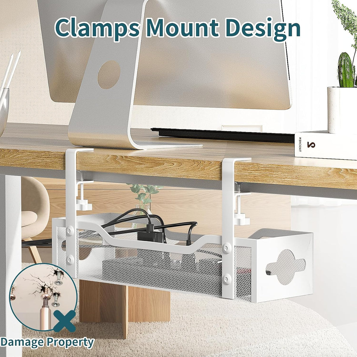 Under Desk Cable Management Tray No Drill, 13.38'' Metal Tray with Clamp for Wire Management, Litwaro Cord Organizer Home Office Damage to Standing Desk, White