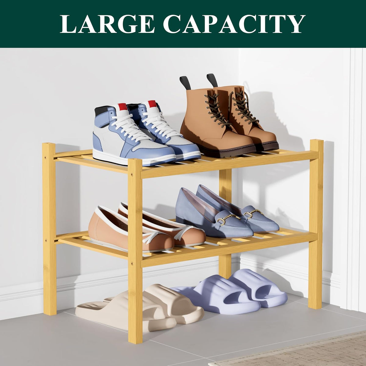 Smiry Bamboo Shoe Rack for Closet, 2 Tier - 17.32" Wide, Natural