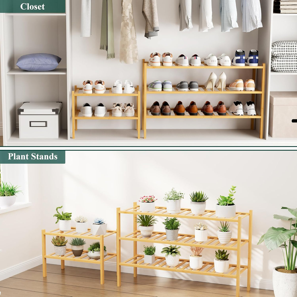 Smiry Bamboo Shoe Rack, 16 Vertical Slats, 2 Tier - 33.7" Wide, Natural
