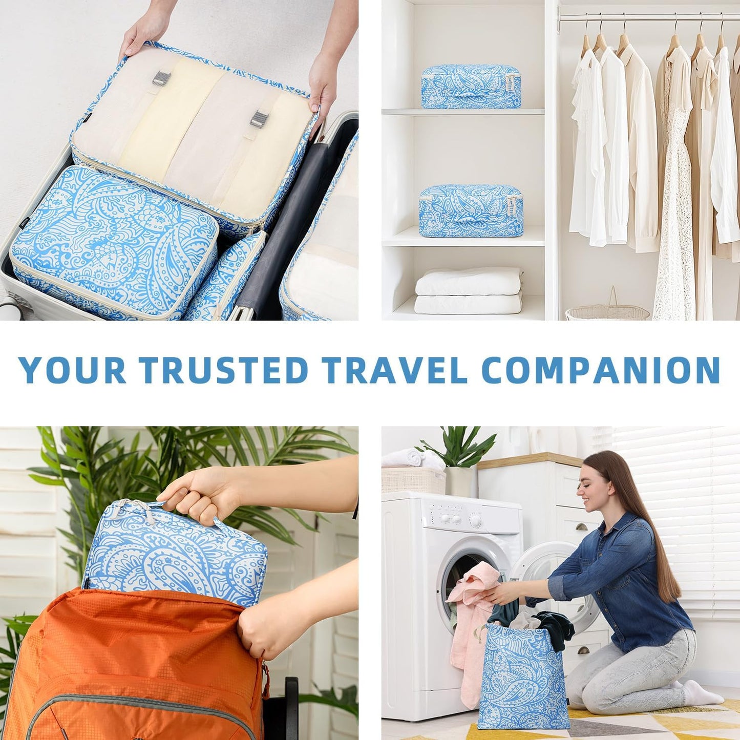 BAGAIL 8 Set Packing Cubes Luggage Packing Organizers for Travel Accessories-Blue paisley