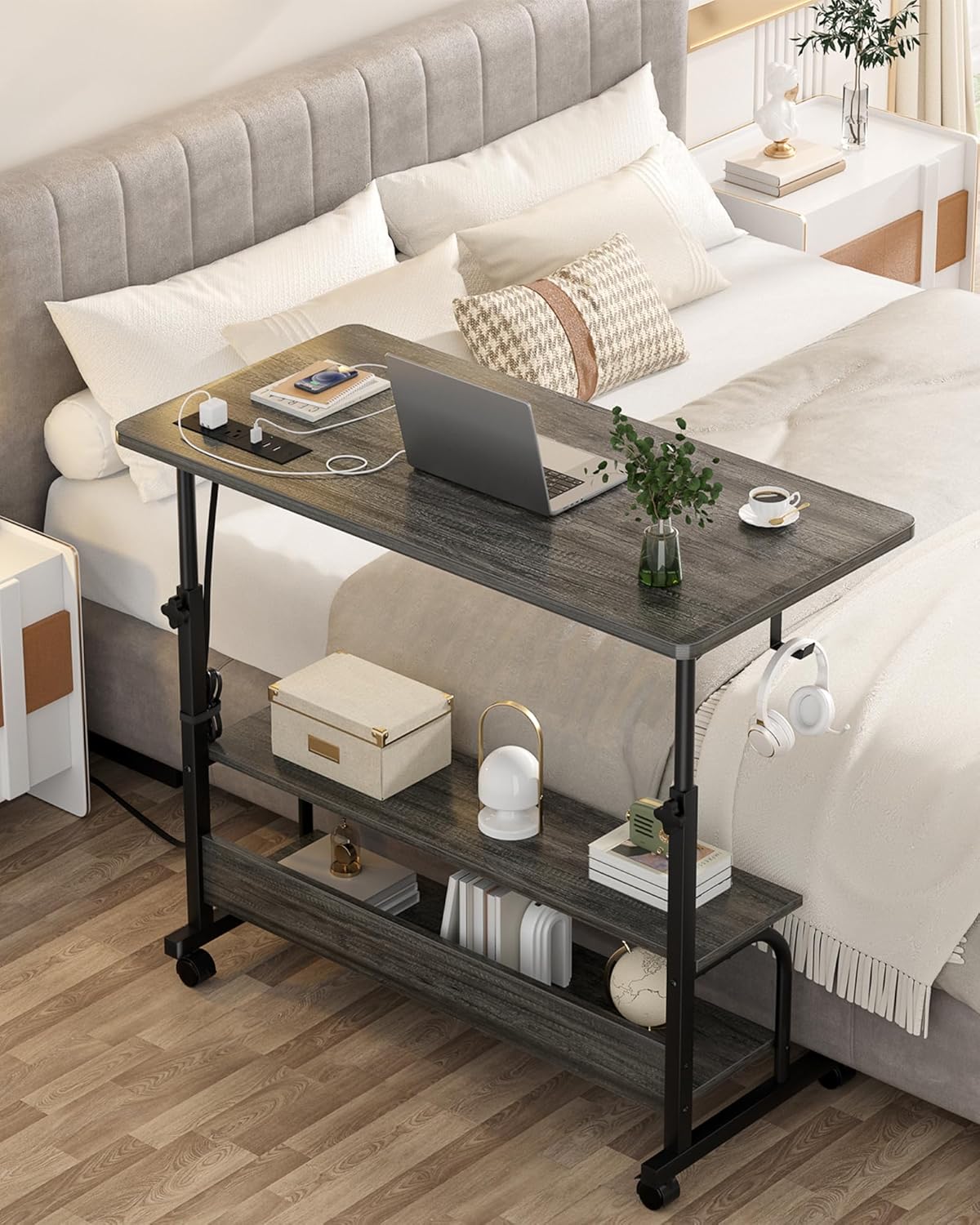 Armocity Rolling Standing Desk with Charging Station, Portable Height Adjustable Mobile Computer Desk with Wheels & 2-Tier Shelves & Hooks, Easy Assembly Laptop Table for Couch Bed, 32" Grey Oak