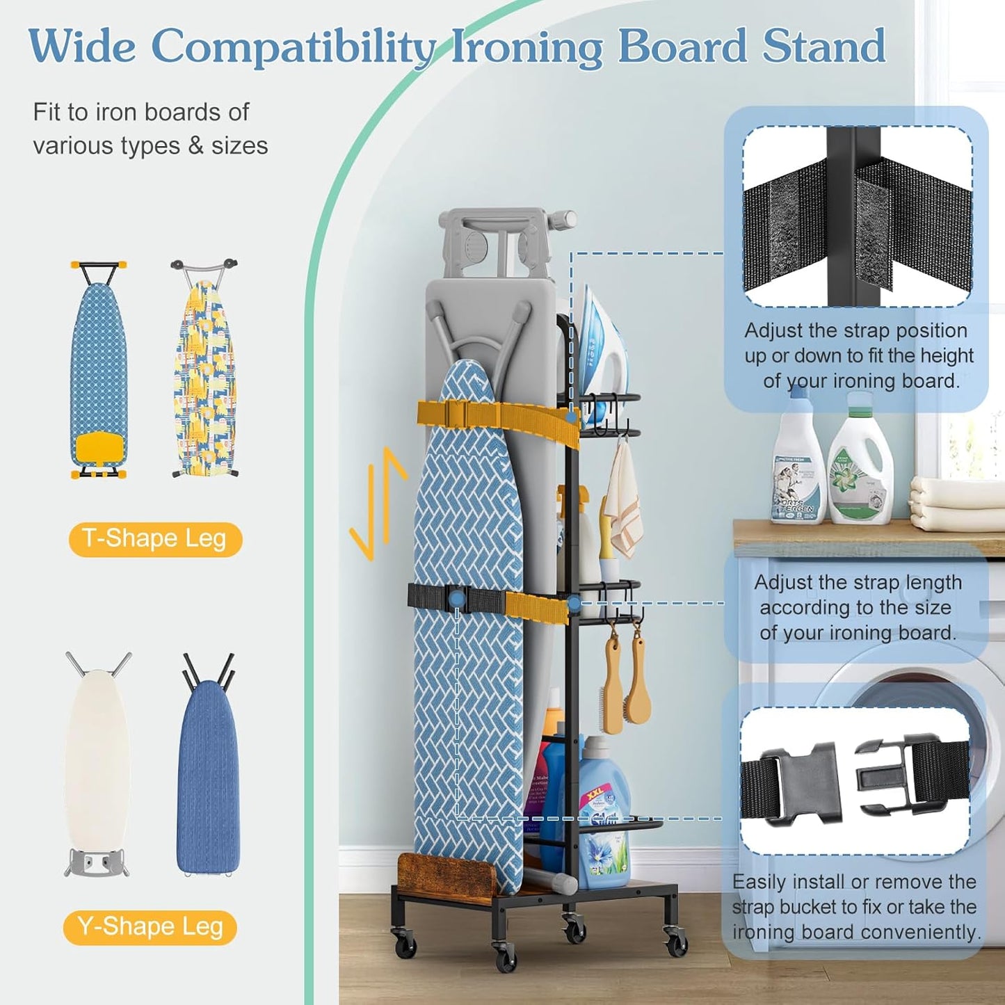 Ironing Board Hanger,Iron and Ironing Board Holder No Wall Mount,Laundry Room Organization and Storage Cart with Iron Stand,Narrow Laundry Shelves Organizer Cabinet,Laundry Room Essentials Accessories