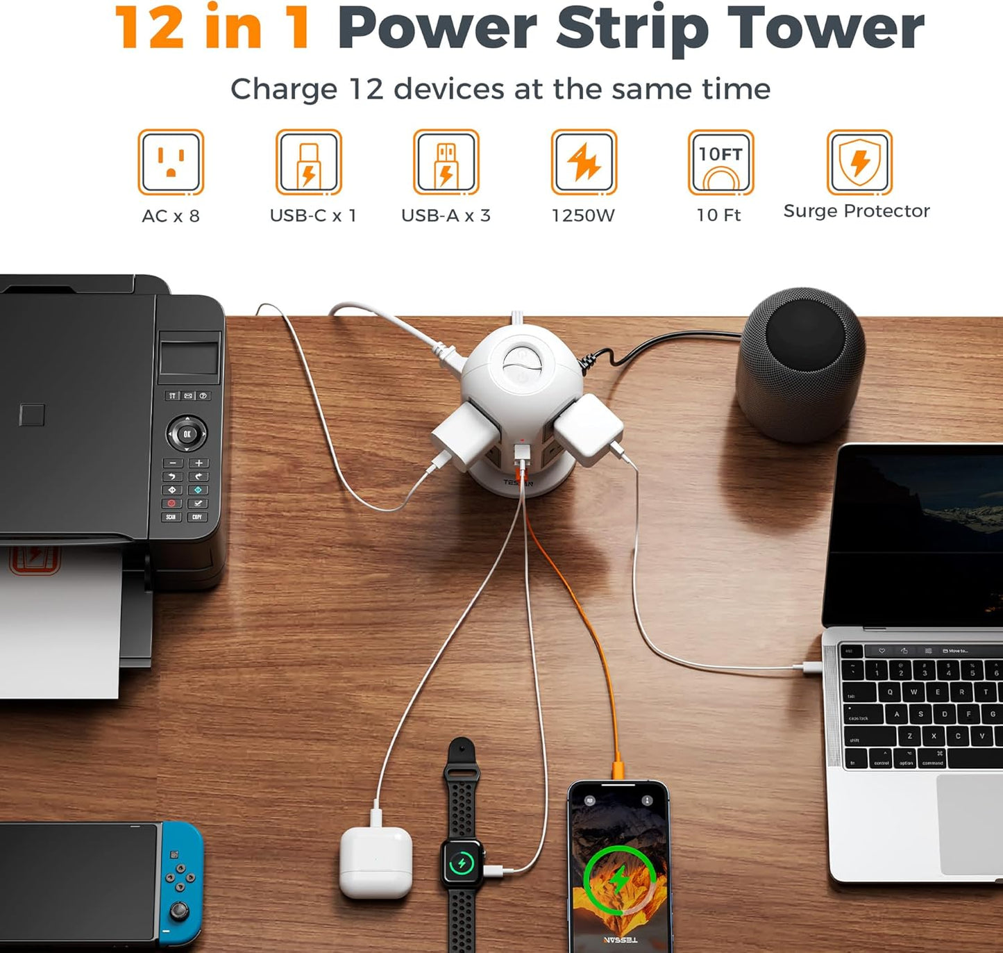 TESSAN Tower Power Strip 10 ft, Long Flat Extension Cord with Multiple Outlets, 8 AC Outlets with 4 USB Ports (1 USB C), Charging Station with, for Home Office Dorm
