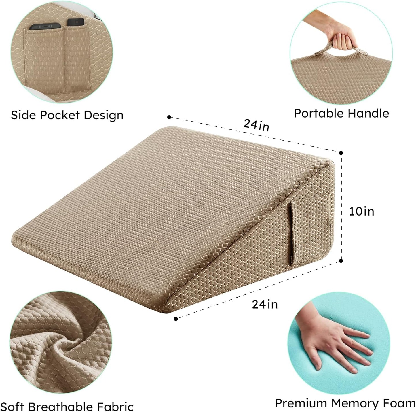 Bedluxe Wedge Pillow, 10 inch Bed Wedge Pillow for Headboard, Pillow Wedge for Acid Reflux Relief, Sleeping, After Surgery, Snoring, Gerd, Triangle Pillow Wedge - Cooling Memory Foam Top, Coffee