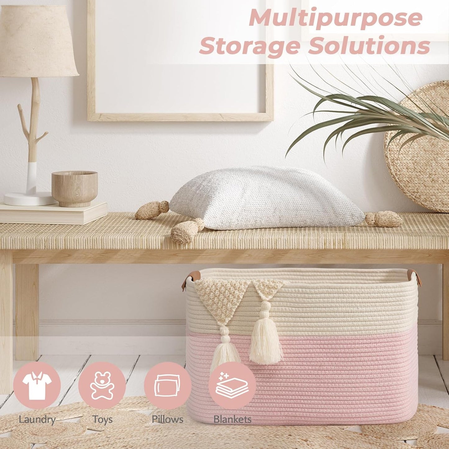 danpinera Large Woven Basket 25’’*16’’*16’’ Rectangle Woven Baskets for Storage, Storage for Living Room, Soft Cotton Rope Basket With Handle, Large Basket for Kids Dog Toys, 108L Pink+White
