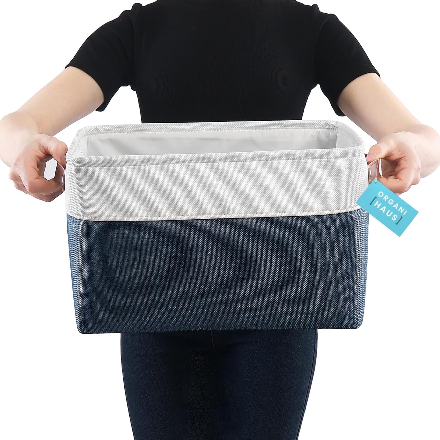 OrganiHaus 15x11in Canvas Storage Baskets 3 Pack | LARGE Fabric Bins for Shelves | Closet & Bedroom Storage | Navy Blue/Off-White