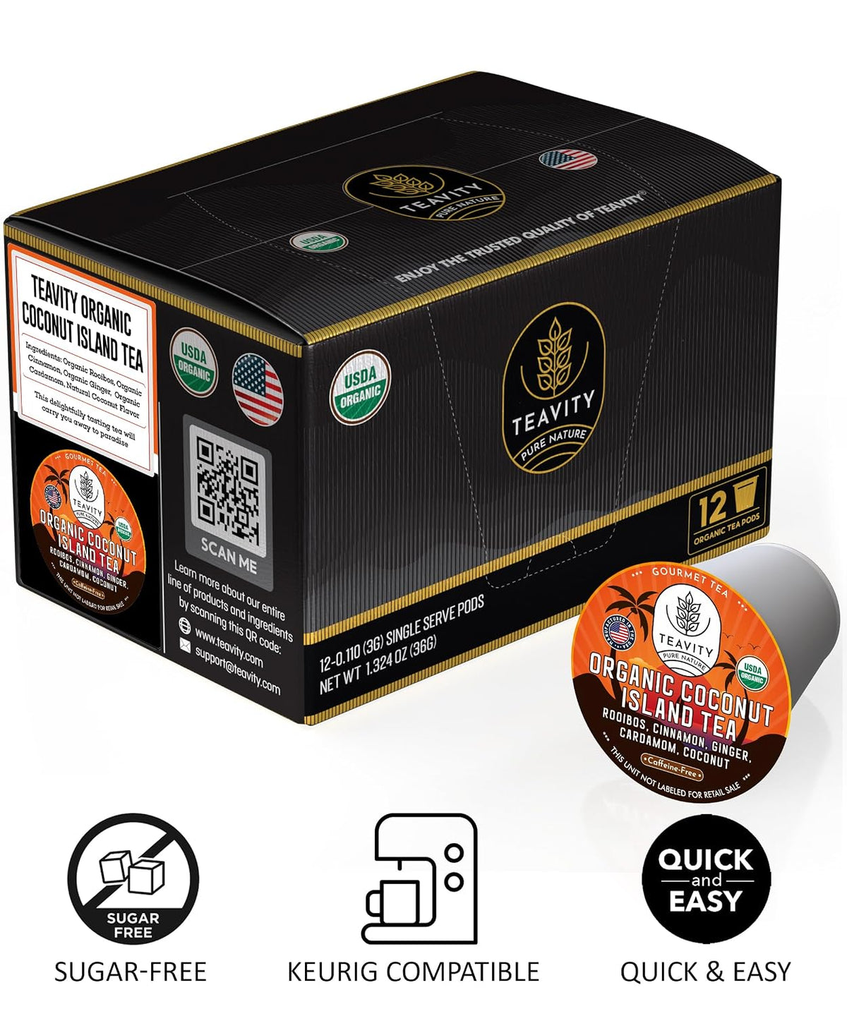 TEAVITY Organic Coconut Island Tea Pods | Recyclable Single-Serve Tea Pods Compatible with Keurig K-Cup 2.0 Brewers | Certified USDA Organic | 36 Count (Pack of 1)