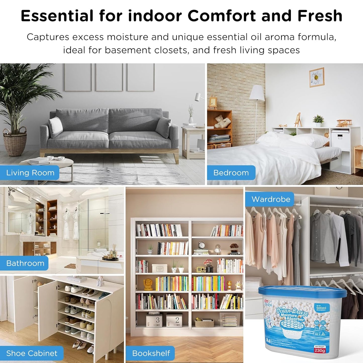 W&E Choice Moisture Absorbers with Ocean Breeze, Portable Dehumidifier for Closet & Bathrooms, Kitchen, Humidity Absorber Odor Eliminator Absorber 6 Pack